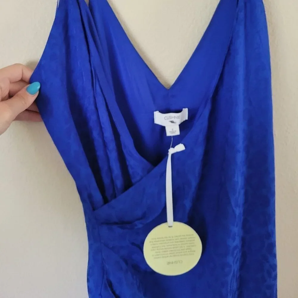 NWT CUSHNIE for Target Leopard Print Wrap Slip Dress Satin Sexy Royal Blue Sz 2 - Picture 3 of 14